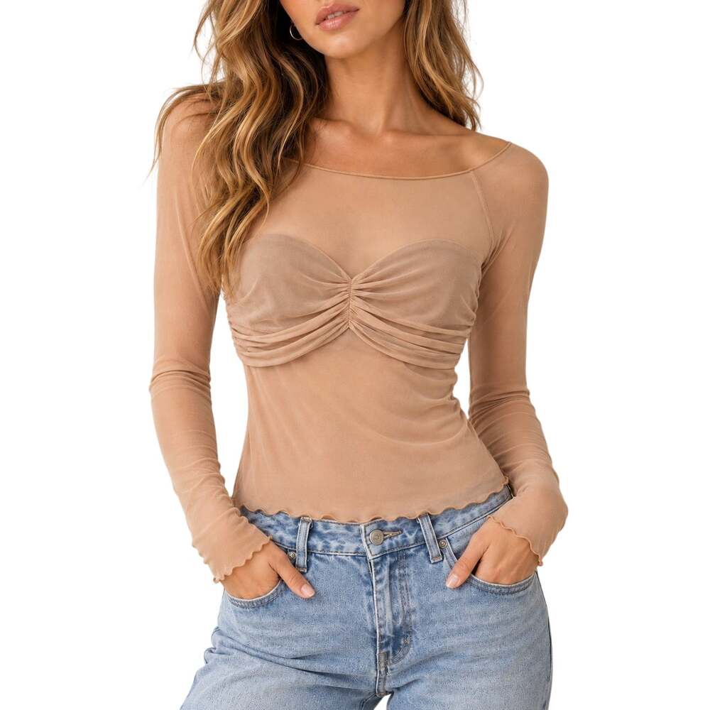 Emory Park Ruched Mesh Long Sleeve Top NWOT Nude/Blush Pink Size XS - Small